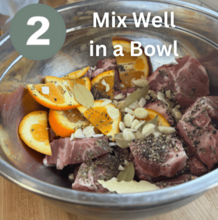 Step 2 of Instant Pot Carnitas recipe showing mixing ingredients in a bowl.