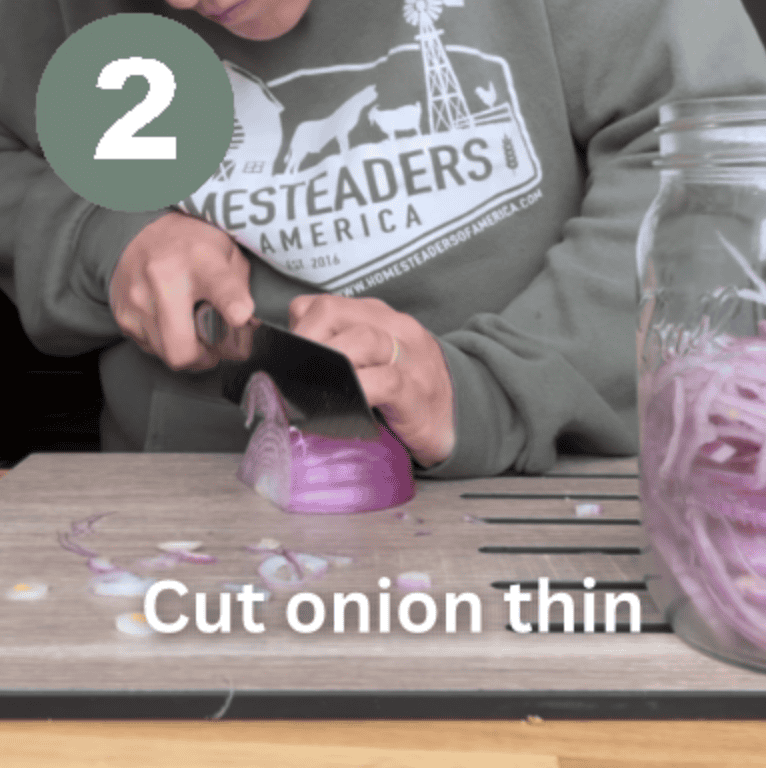 A person in a green sweatshirt slicing a purple onion, a green circle with a white number two and text that reads cut onion thin