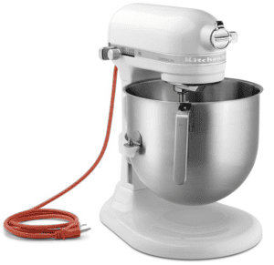 Stand mixer used for baking and dough preparation.