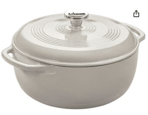 Cream colored Lodge cast iron dutch oven.