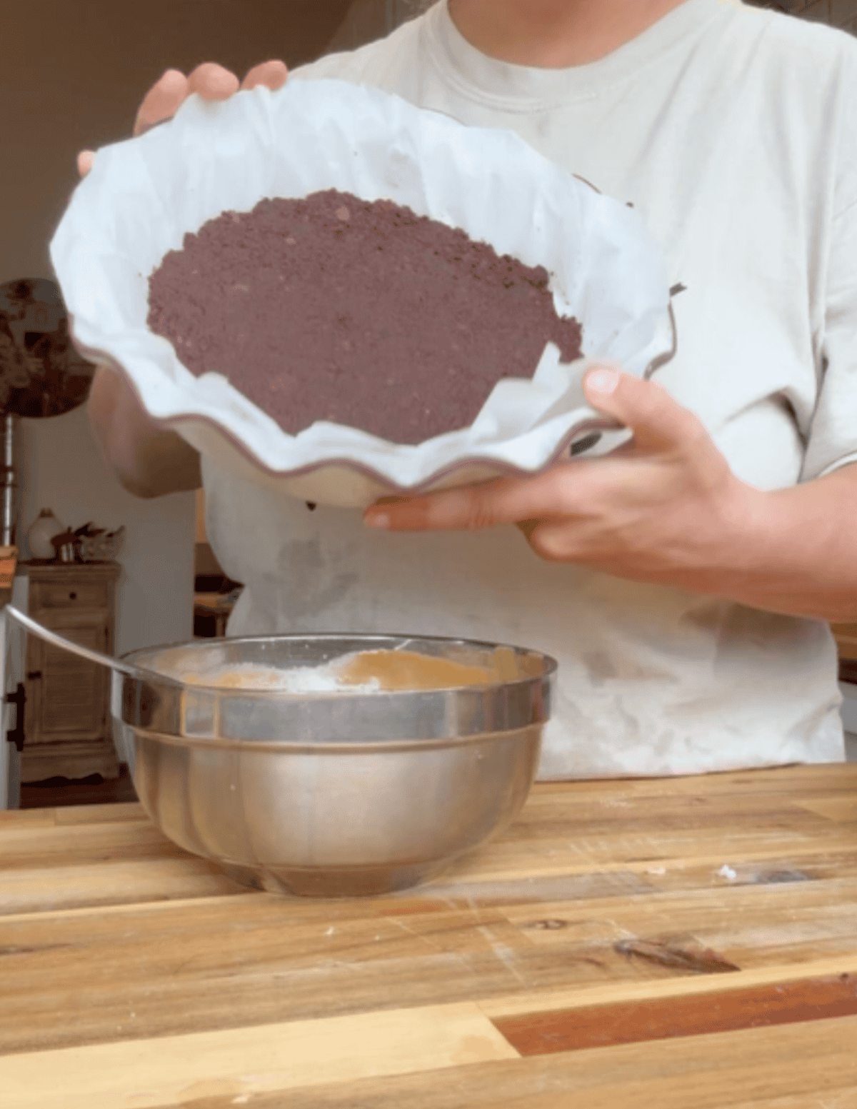 Triple layer dessert cake base. Chocolate curst in a pie dish.