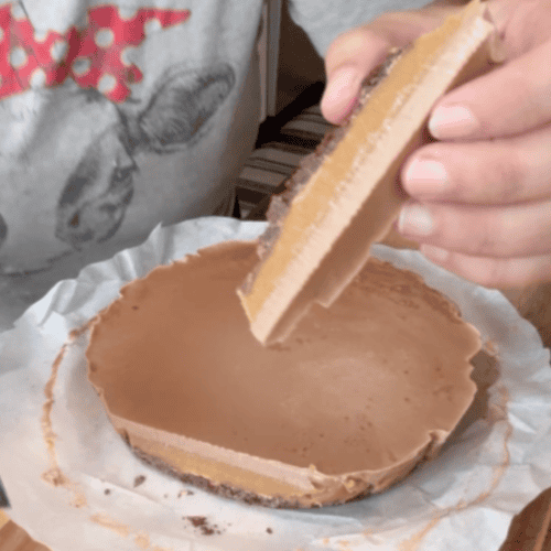 Triple layer dessert cake with all three layers showing.