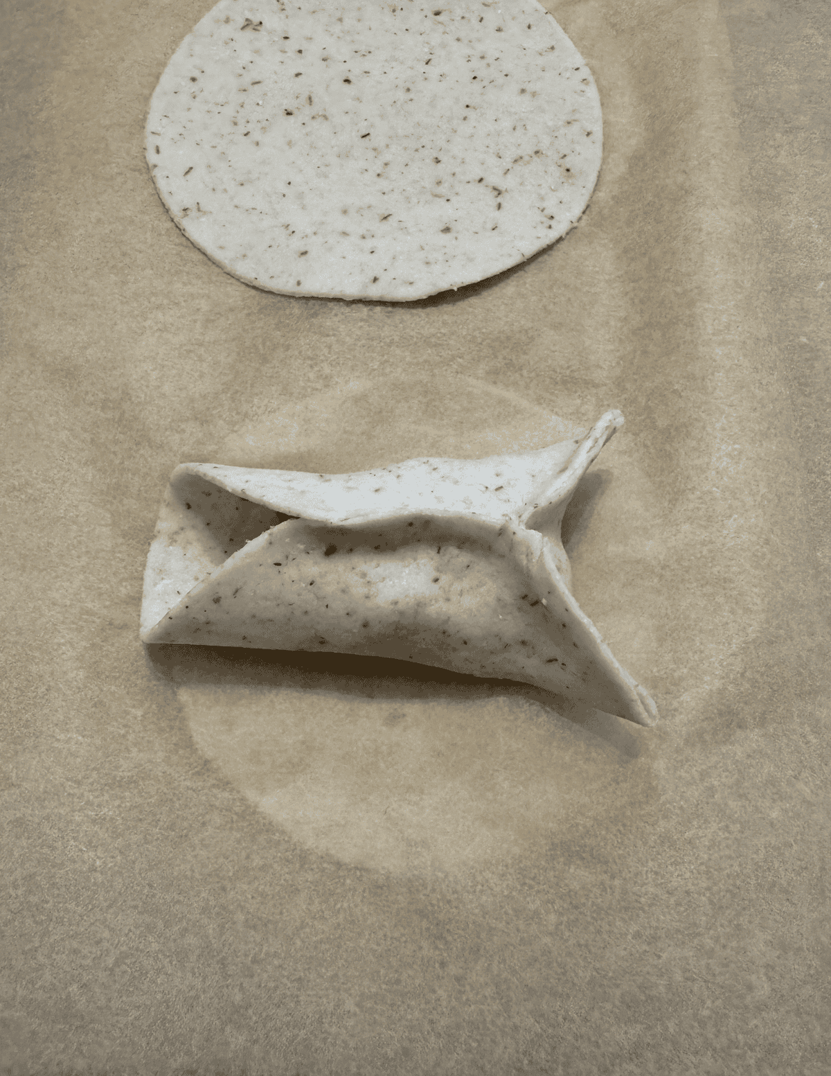 folding a gluten free dumpling step 2 working with one side to form a triangle connection