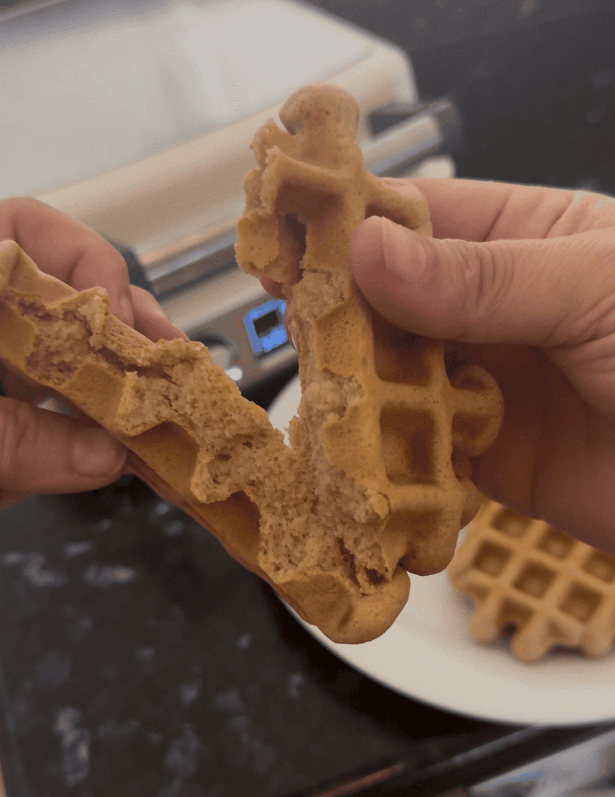 Gluten free waffle being pulled apart to share the inside of the waffle.