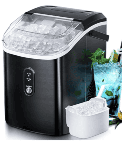 Black countertop ice machine with ice in a white mini bucket and a blue drink