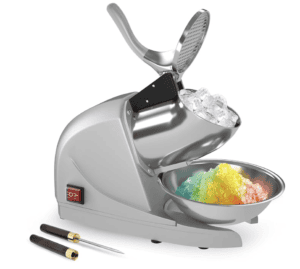Shaved ice machine with rainbow snow cone in a bowl