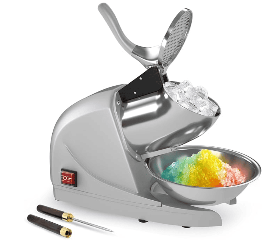 Shaved ice machine with rainbow snow cone in a bowl