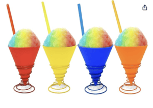 red, yellow, blue and orange silicone snow cone holders with matching spring bases and straws.