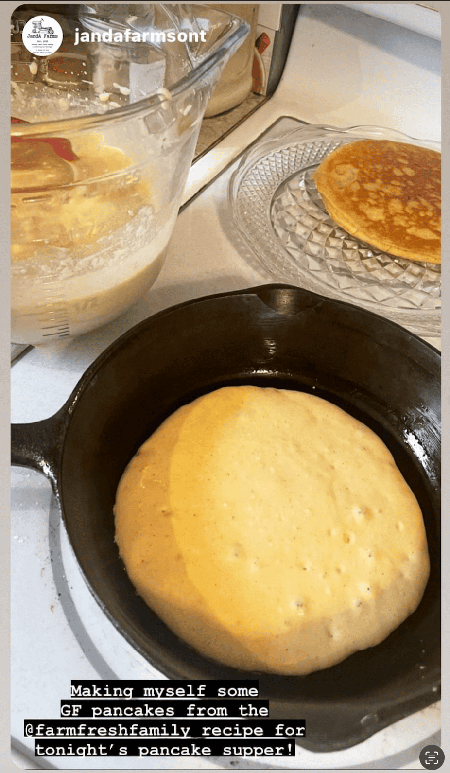 pancake testimonial with a cast iron skillet and large pancake baking.