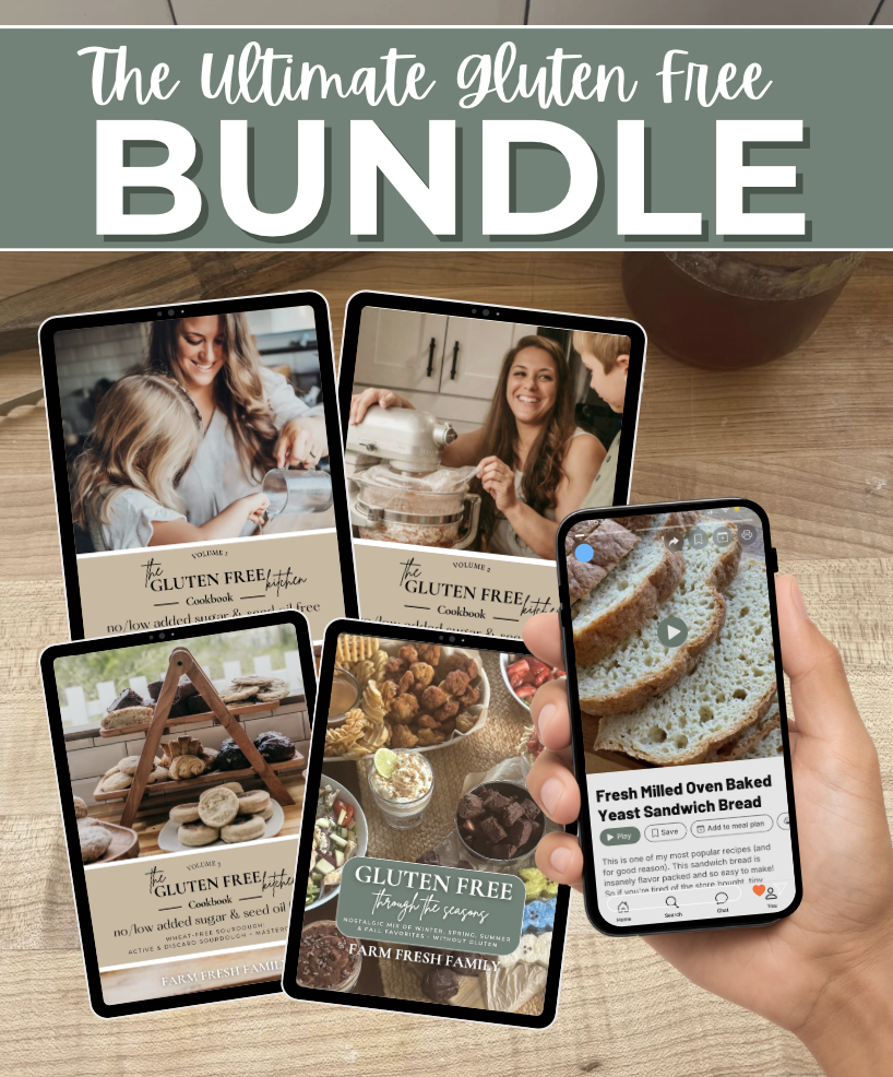 The Ultimate Gluten Free Bundle including photos of all four of Farm Fresh Family's cookbook covers as well as a hand holding an image representing the Gluten Free Kitchen APP