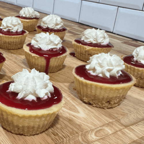 gluten free mini cheesecake with raspberry puree and whipped cream