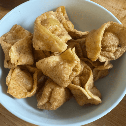 gluten free fried wontons in a white bowl