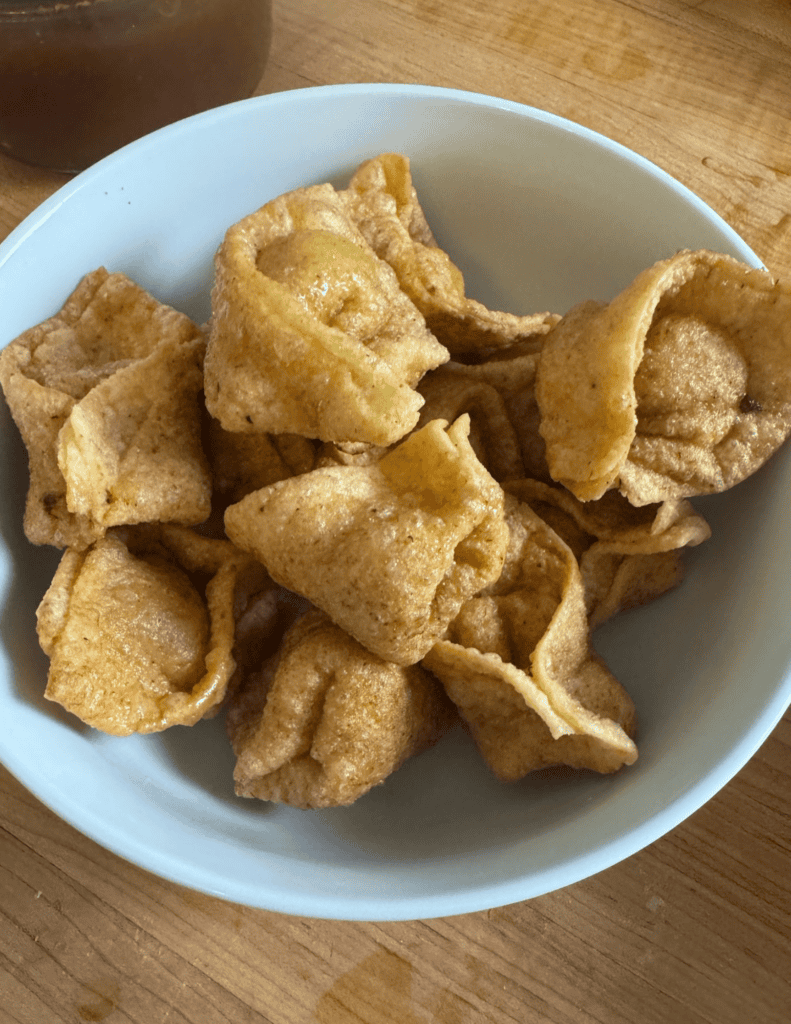 gluten free fried wontons in a white bowl