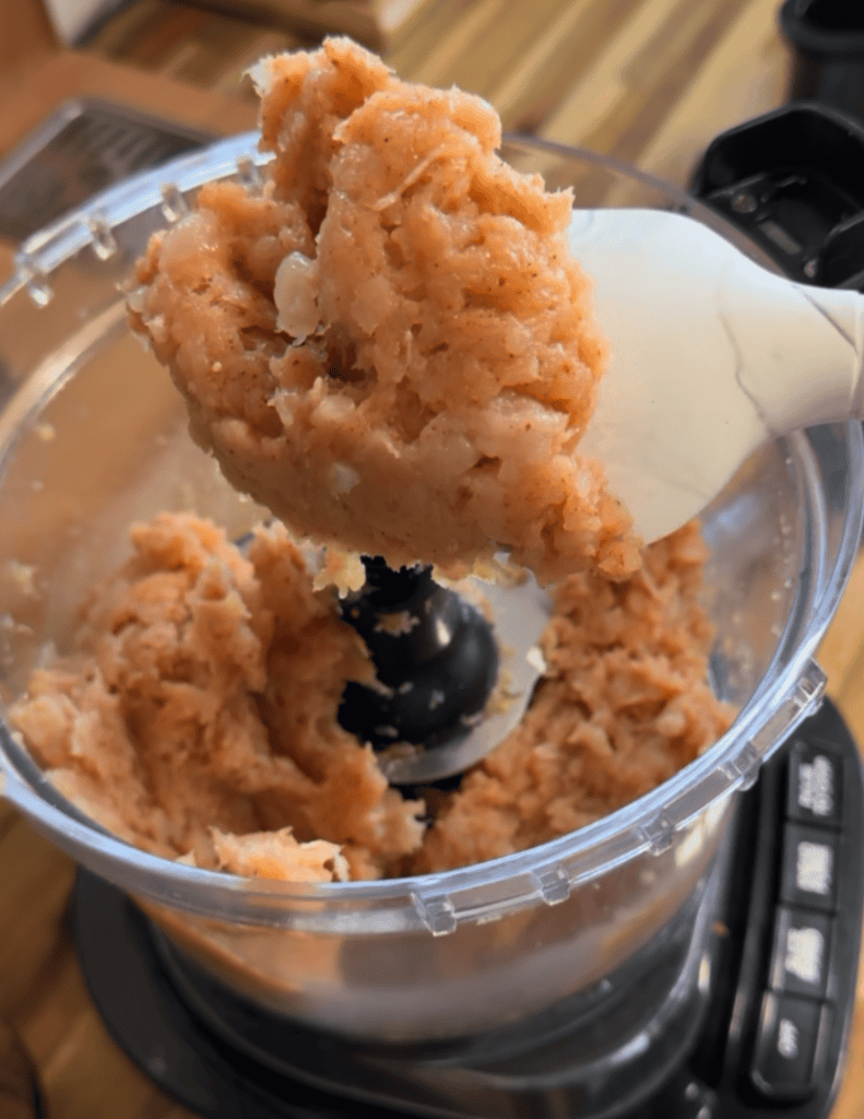 seasoned gluten free chicken nugget blended in a food processor.