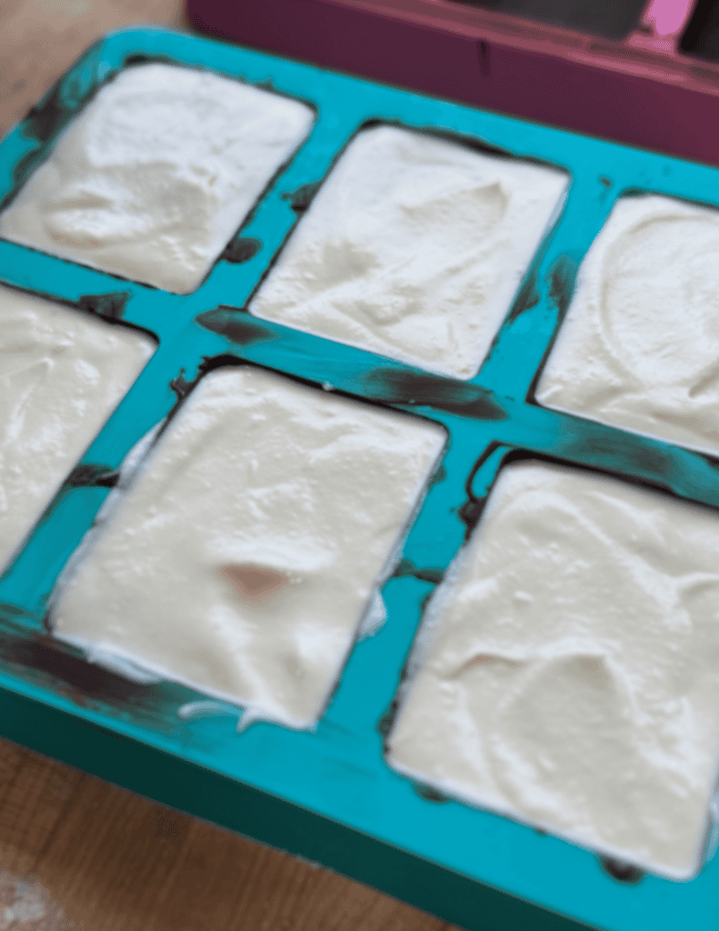 Homemade vanilla ice cream in a blue silicone ice cube tray, ready to freeze.