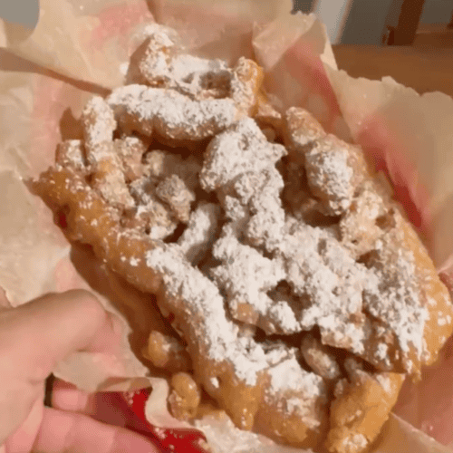 gluten free funnel cake with powdered sugar