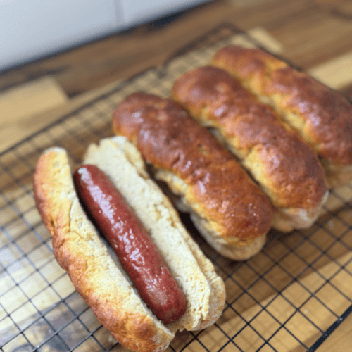 gluten free hot dogs on cooling rack