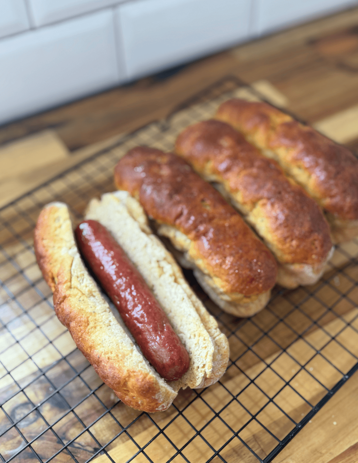 gluten free hot dogs on cooling rack