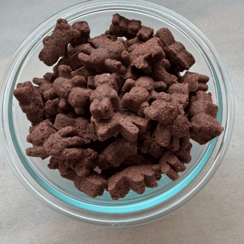 chocolate teddy grahams in a bowl