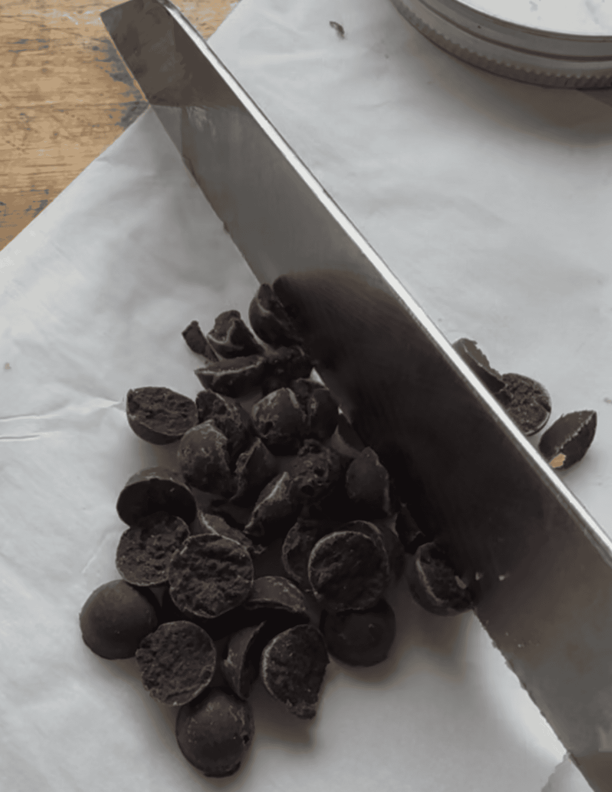 chocolate chips being cut up