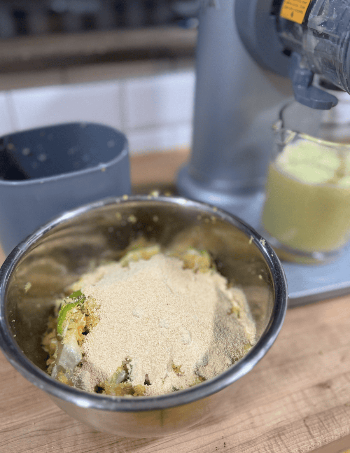 Farm Fresh Family, preparing fresh vegetables with cheese in a stainless steel bowl.