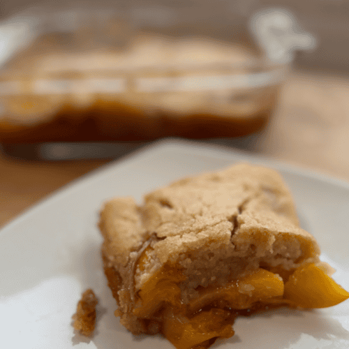 Peach cobbler with fresh, ripe peaches and golden crust, perfect for family desserts.