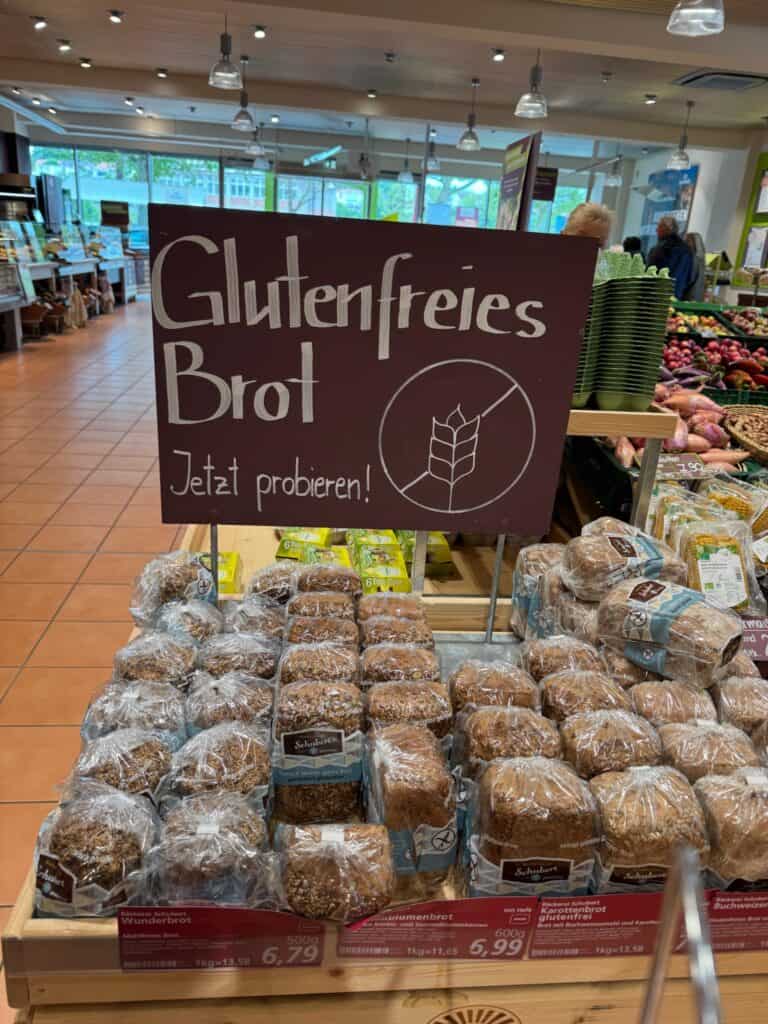 Gluten-free bread on display at store.
