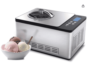 Ice cream maker with bowl of colorful ice cream scoops.